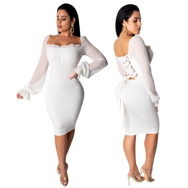 White Lace Up Sexy Party Dress with Mesh Sleeves 0013/DWL